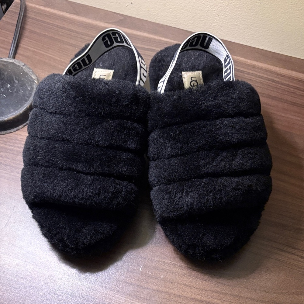 UGG Black Plush Slide with Branded Elastic Strap Used Only Twice